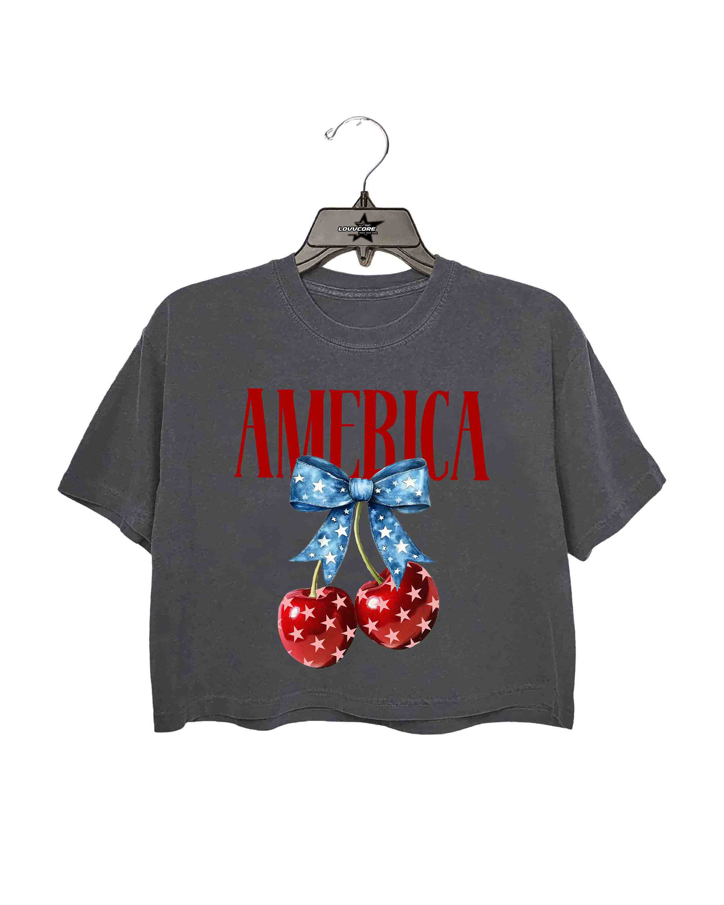 America Cherries Cherry Bow Fourth of July Crop Tee