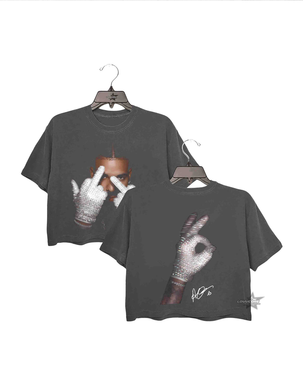Drake Rhinestone Glove Middle Finger Crop Tee